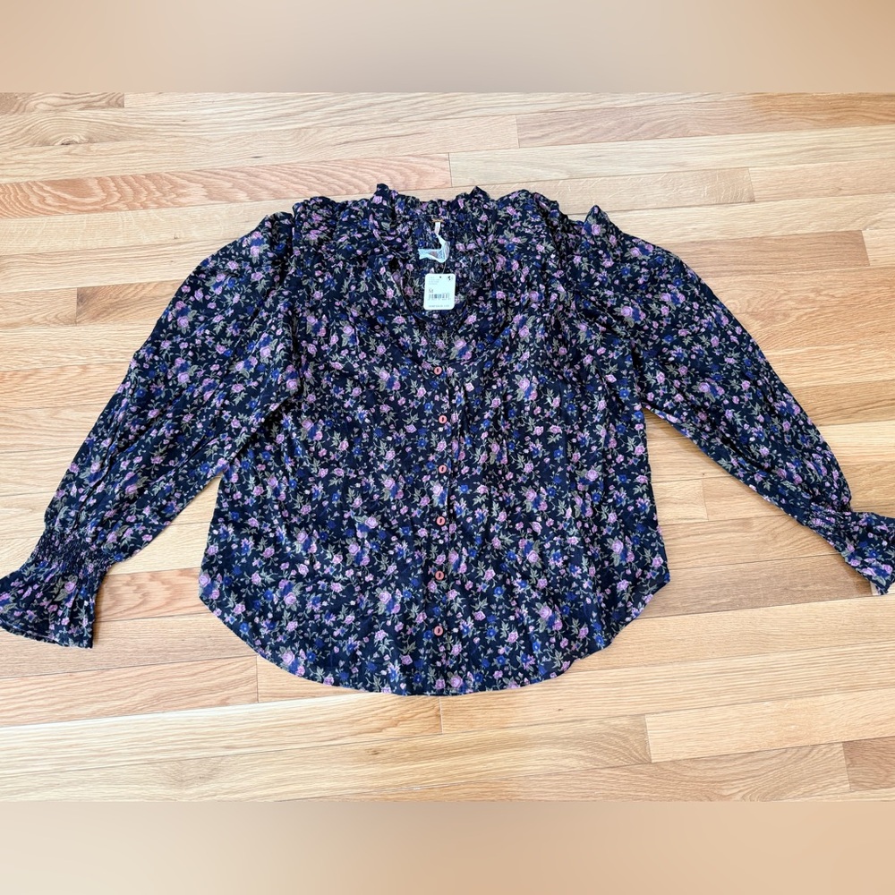 Free People Black and Purple Floral Blouse